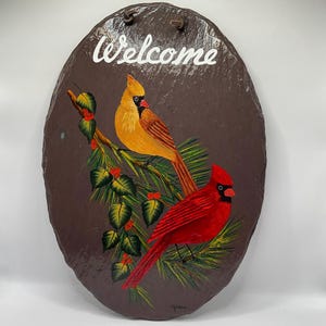 Hand Painted Male and Female Cardinals on pine branches 12.5 x 8.5 Large Oval Shaped Brown/Purple Welcome Slate.