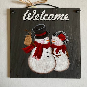 Hand Painted 11.75 x 11.75 Inch Square Shape welcome slate with a cute loving Couple Snow People.