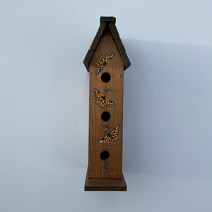Hand Painted Wooden Bird House, with White Daisies, little blue flowers, and Butterflies.