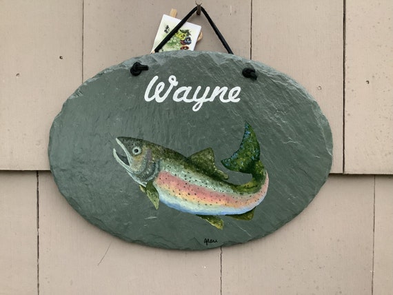 Hand Painted Wayne Rainbow Trout Fishing 12.5 X 8.5 Large Oval Shaped Slate  