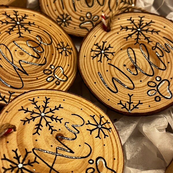 Handmade personalised calligraphy wooden log slices, hand lettered. Christmas log slice decoration. Handwritten and personalised log slice.