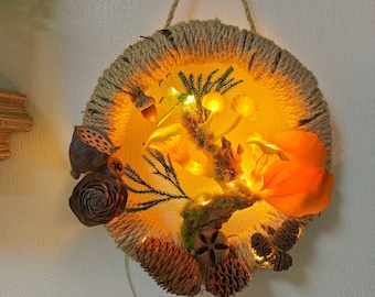 Handmade Chanterelle Mushroom Wreath Decoration Mushroom Lamp Christmas Gift for Her Birthday Gift, Wall Decor Boho Room Decor