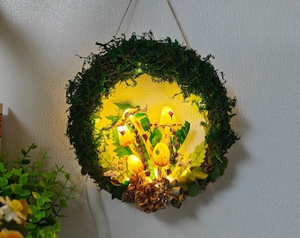 Top Mushroom and Moss Wreath Light - Couronne de champignons faite à la main avec lumière de lampe de champignon faite à la main Décoration murale Décor de Noël