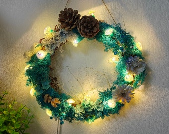 Blue wreath - Handmade Mushroom Wreath with Light Up Handmade Mushroom Lamp Wall decoration Christmas decor Farmhouse decor