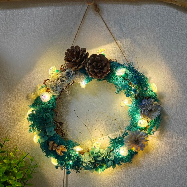 Blue wreath - Handmade Mushroom Wreath with Light Up Handmade Mushroom Lamp Wall decoration Christmas decor Farmhouse decor