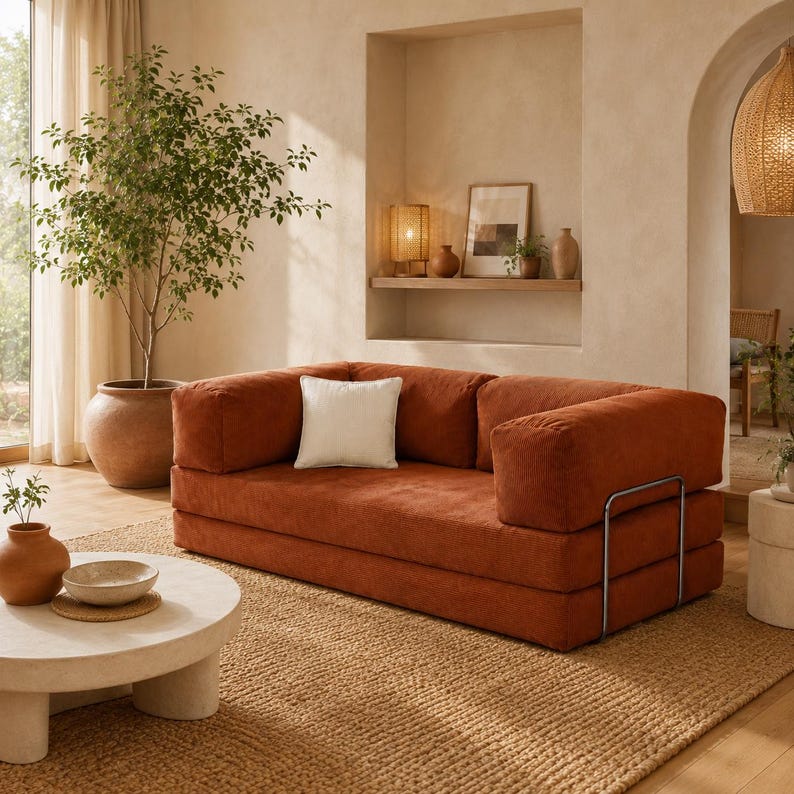 Op de afbeelding: Een roestkleurige corduroy bank met een wit vierkant kussen. De bank heeft een laag profiel en een metalen frame. Hij staat op een geweven jute vloerkleed. Een grote plant in pot en een ronde salontafel staan ook in de kamer.