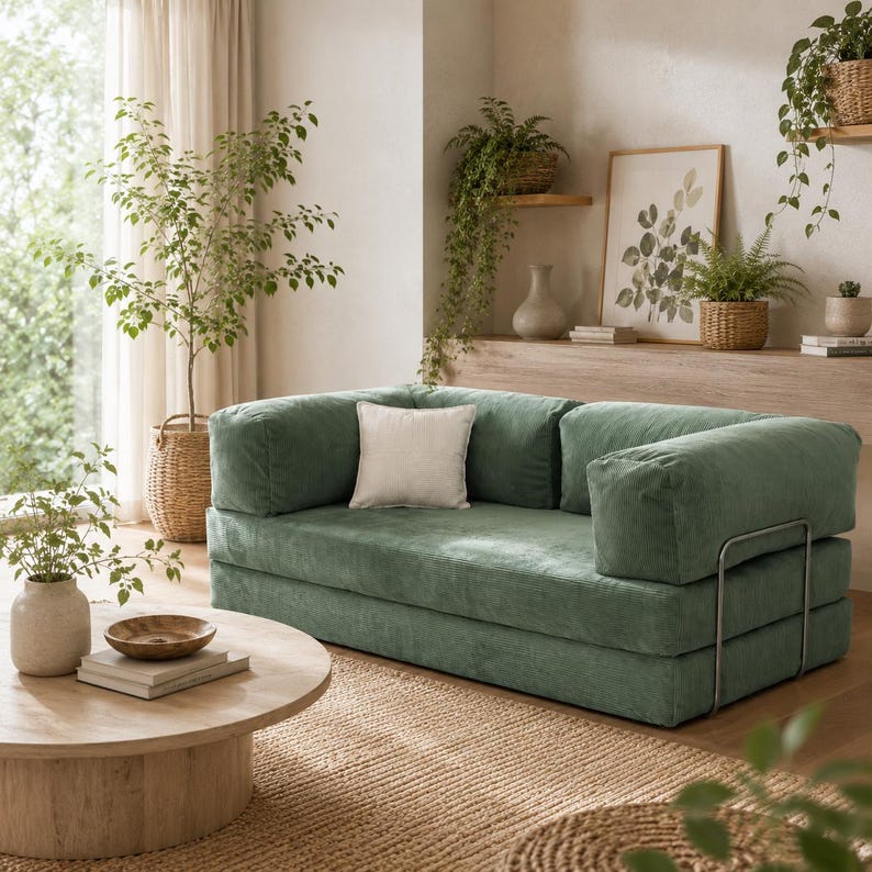Op de afbeelding: Een groene corduroy bank met een vierkante vorm en een lichtgekleurd kussen. De bank staat in een woonkamer met planten, een ronde houten salontafel en een geweven vloerkleed. De kamer heeft een natuurlijke, aardse uitstraling.