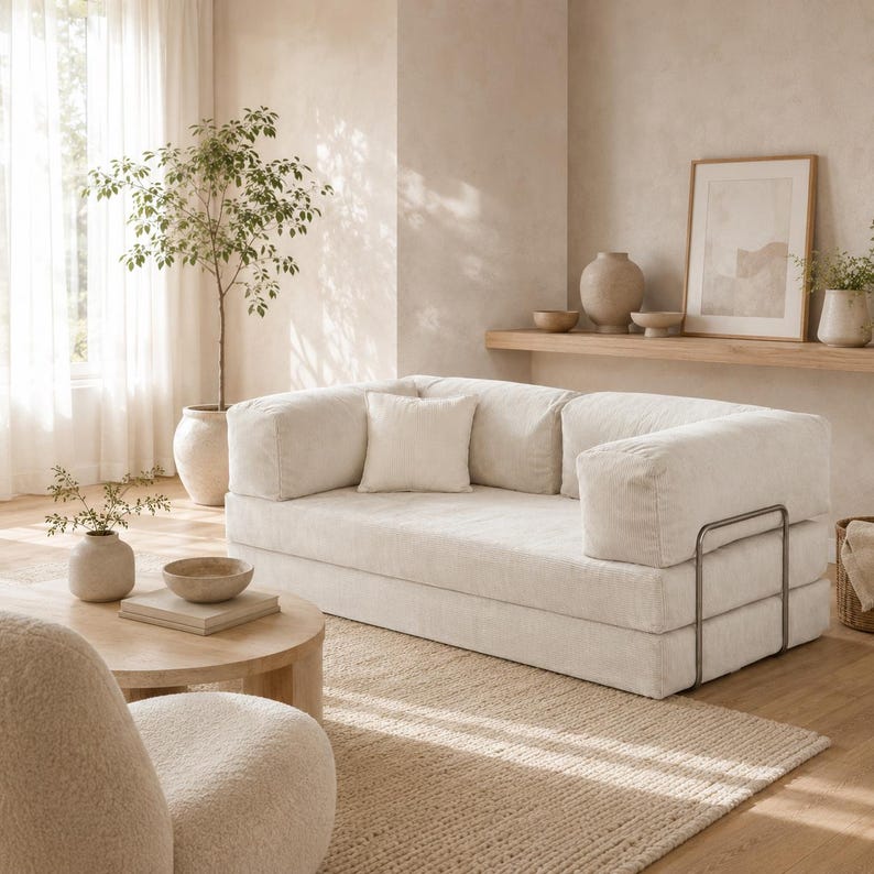 Op de afbeelding: Een neutrale woonkamer met een grote, cr&egrave;mekleurige hoekbank. De bank heeft een laag profiel en een minimalistisch ontwerp. Een ronde houten salontafel en een getextureerd tapijt voegen warmte toe aan de ruimte. Decoratieve vazen en een ingelijst kunstwerk maken de sc&egrave;ne compleet.