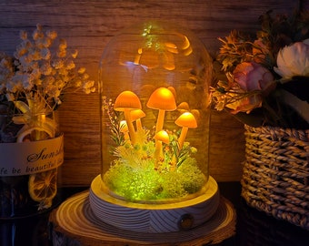 Lampe champignon Orange faite à la main, lumière décorative faite à la main, fleurs séchées pour la maison, décoration de meubles, cadeau d'anniversaire