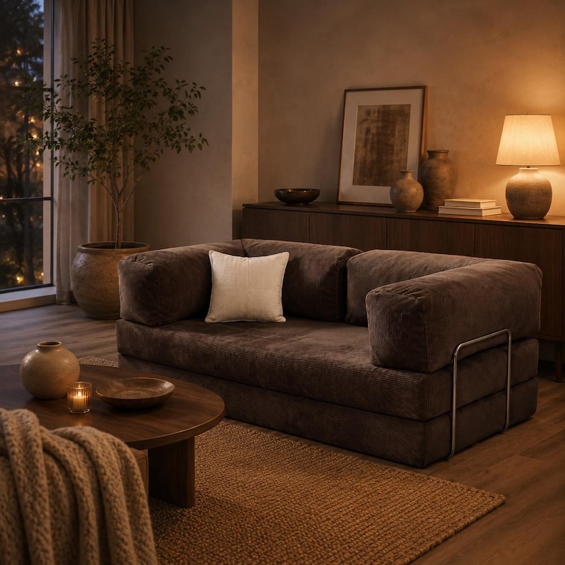 Op de afbeelding: Een gezellige woonkamer met een bruine corduroy bank en een wit kussen. Een houten salontafel met een kaars en een kom. Een geweven vloerkleed en een grote potplant zorgen voor warmte. Een lamp en kunstwerken maken de ruimte compleet.