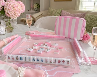 Mahjong cadeauset, roze Amerikaanse mahjongset voor beginners, melamine tegels met rekjes, cadeau voor mama
