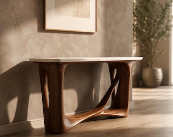 Sculptural Console Table, Organic Modern Entryway Table, Marble Top Sofa Table, Walnut Hallway Furniture