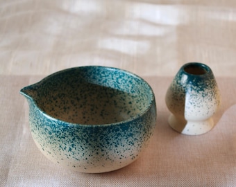 Ocean Blue Matcha Bowl Set, Speckled Ceramic Tea Set with Spout, Self Care Gift for Her, Tea Lover Gift, Matcha Gift Set, Birthday Gift