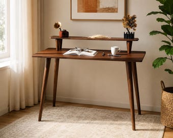 Wood Desk, Mid Century Modern Desk, Handmade Home Office Desk, Walnut Computer Desk, Wooden Writing Table