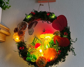 Colgante de pared hecho a mano - Corona de setas hecha a mano con lámpara de setas hecha a mano iluminada Decoración de la pared Decoración de la habitación Decoración navideña