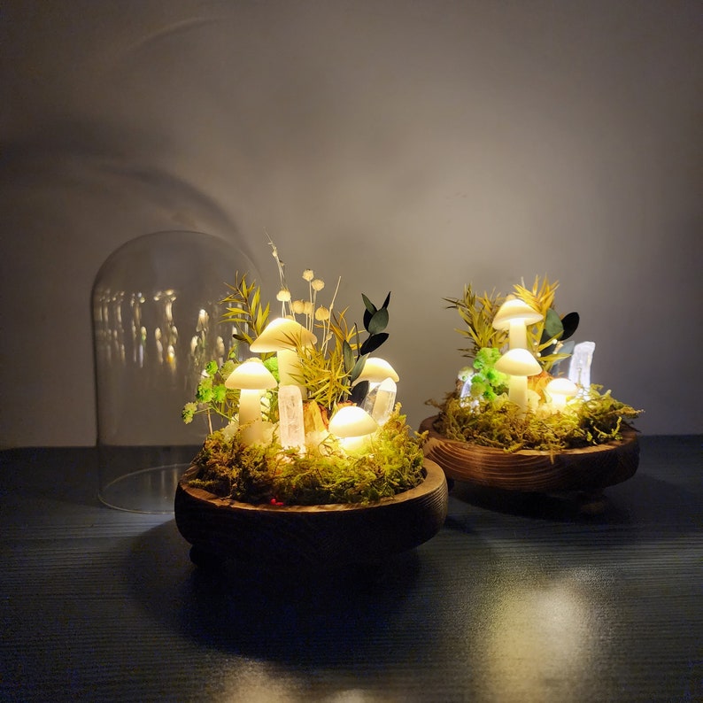 Handgemaakte kristallen paddestoellamp Witte paddestoellamp Mooie gedroogde bloemenpaddestoellamp Cadeaus voor haar Unieke geschenken Kinderkamerdecoratie afbeelding 3