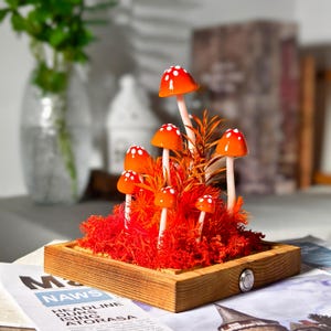 Könnte beinhalten: Eine Holzkiste mit einem roten Moosuntergrund und einer Gruppe von orangefarbenen und weißen Pilzfiguren. Die Kiste hat einen kleinen, runden, schwarzen Knopf an der Seite.