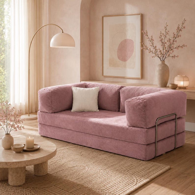 Op de afbeelding: Een stoffen roze corduroy bank met een wit vierkant kussen. De bank heeft een laag profiel en een metalen armleuning. Een ronde salontafel, een vloerlamp en een ingelijst abstract kunstwerk staan ook in de kamer.