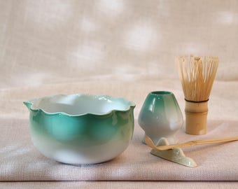 Kit de glaseado degradado verde hecho a mano para matcha, cuenco de matcha artesanal con pico vertedor y soporte para el chaesin, set de regalo de matcha, ideas para regalos