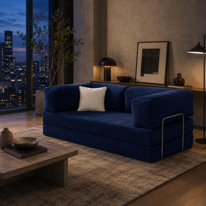 Op de afbeelding: Een moderne, marineblauwe bank met een lichtbeige vierkant kussen. De bank heeft een laag profiel en een metalen frame. De kamer heeft uitzicht op de stad door een groot raam, een houten salontafel en een neutraal getint tapijt.