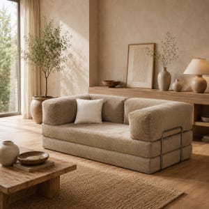 Op de afbeelding: Een beige corduroy bank met een wit vierkant kussen. De bank heeft een laag profiel en een metalen frame. De kamer heeft een houten salontafel, een vloerkleed en een potplant. Een lamp en kunstwerken zijn zichtbaar op de achtergrond.