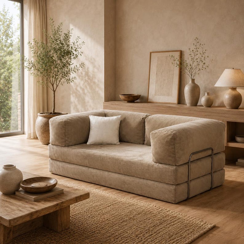 Op de afbeelding: Een beige corduroy bank met een wit vierkant kussen. De bank heeft een laag profiel en een metalen frame. De kamer heeft een houten salontafel, een vloerkleed en een potplant. Een lamp en kunstwerken zijn zichtbaar op de achtergrond.