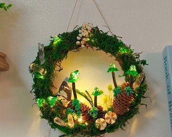 Hand Painted Emerald Green Mushroom Light Wreath Crystal Wreath Fairy Wreath Fairy Door Moss Decoration Wall Decor Christmas Gift
