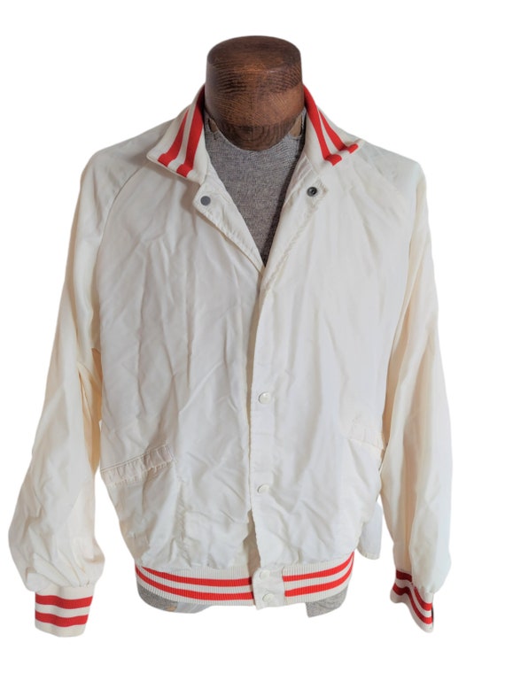 VTG KING LOUIE Men s Cream Red Snap Button Nylon Jacket Size