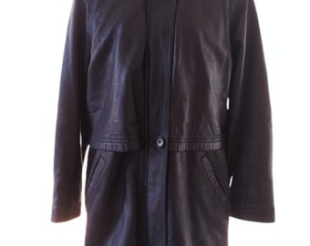 May include: A long black leather coat with a faux fur collar. The coat has a button closure and two pockets on the front.