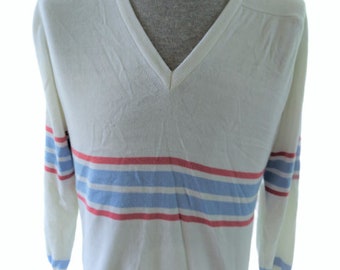 VTG ALMORETT Men's Striped V-Neck Cotton & Acrylic Sweater Size Medium USA