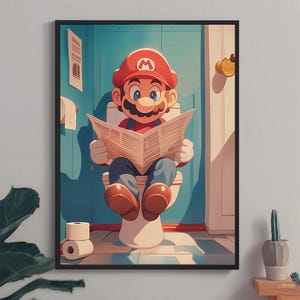 May include: Framed print depicting Mario, the video game character, sitting on a toilet and reading a newspaper. He wears his iconic red cap and overalls. The background shows a blue bathroom with a toilet roll and a door.