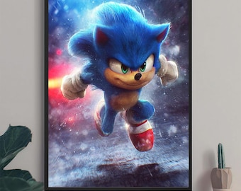 Könnte beinhalten: Gerahmter Druck mit Sonic dem Igel in einer dynamischen Laufpose. Das Kunstwerk zeigt Sonic mit seinem charakteristischen blauen Fell, roten Schuhen und weißen Handschuhen, vor einem verschwommenen, actiongeladenen Hintergrund mit roten und blauen Streifen.