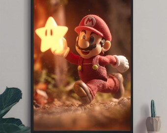 マリオ無敵スター水彩画プリント、オタク系ビデオゲームスーパーマリオ