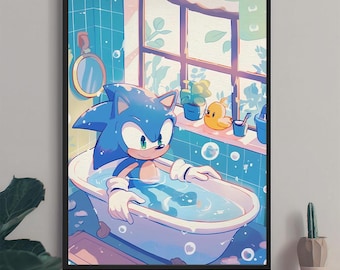 Könnte beinhalten: Ein gerahmter Kunstdruck mit Sonic the Hedgehog in einer Badewanne. Das Kunstwerk hat ein blaues und weißes Farbschema im Cartoon-Stil. Eine gelbe Quietscheente und Pflanzen sind im Hintergrund zu sehen. Der Druck befindet sich in einem schwarzen Rahmen.