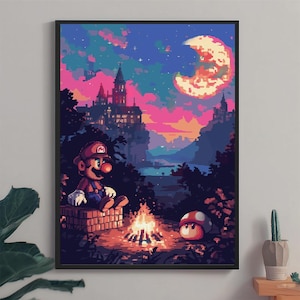 Pixel art Super Mario Bros Poster, Mushroom Kingdom art, Gaming Room Decor, Gamer Gift, Mario Wall Art, 90&#39;s Inspired