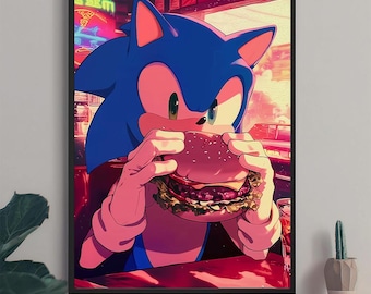 Könnte beinhalten: Gerahmtes Kunstwerk mit Sonic dem Igel, der einen Hamburger isst. Das Kunstwerk hat eine lebendige Farbpalette mit Blau-, Rot- und Rosatönen. Der Hintergrund deutet auf ein Retro-Diner-Setting mit Neon-Schildern und Sitzbänken hin.
