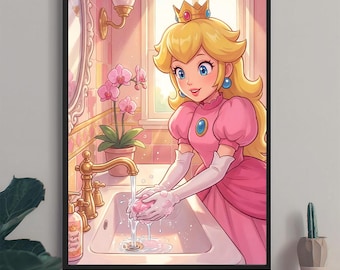 Puede incluir: Ilustración enmarcada de la Princesa Peach lavándose las manos en un baño. Lleva un vestido rosa, guantes y una corona. El baño tiene un grifo dorado, orquídeas rosas y una botella de Royal Peach Soap.