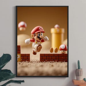 Super Mario Jumping Over Bricks Print – Classic Game Scene Poster with Coins & Mushrooms, Retro Gamer Wall Art, Nintendo Fan Gift