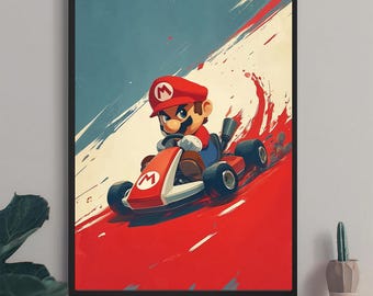 May include: A framed art print featuring a cartoon character in a red kart. The character wears a red cap and overalls, driving on a red track against a blue and white background. The kart has the letter "M" on it.