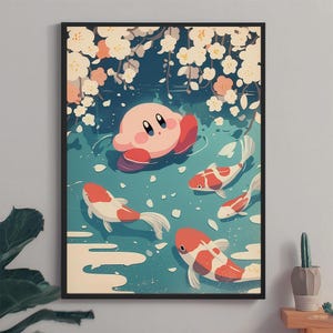 Kirby poster, Kirby anime poster, Japanese art, Koi fish poster, Sakura blossom, Kirby fan art, gaming room, kids room, nursery decor