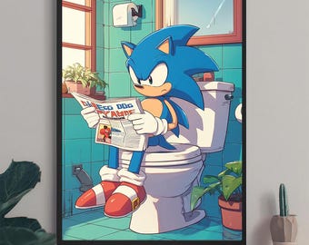 Könnte beinhalten: Gerahmter Druck von Sonic the Hedgehog auf einer Toilette, der eine Zeitung mit der Schlagzeile "Egg Dog Scamde" liest. Das Kunstwerk befindet sich in einem Badezimmer mit türkisfarbenen Fliesen und einem Fenster.