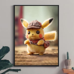 Impression d&#39;art réaliste inspirée du détective Pikachu – affiche mignonne de l&#39;explorateur Pikachu, téléchargement numérique détaillé