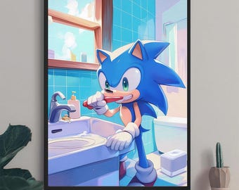 May include: A framed artwork featuring Sonic the Hedgehog brushing his teeth in a bathroom setting. The artwork has a cartoon style with bright colors, including blue, white, and orange. The bathroom has a sink, window, and blue tile.
