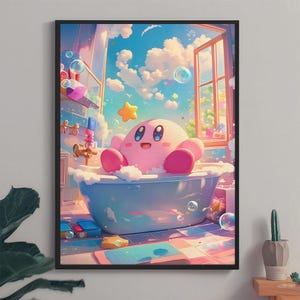 Kirby på badkaret poster, söt Kirby konsttryck, Kirby Anime poster, utskrivbar väggkonst, Kirby väggkonst, heminredning, toalettpapper, wc väggkonst