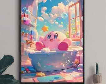 Kirby on bathtub poster, Cute kirby art print, Kirby Anime Poster, Printable Wall Art, Kirby Wall Art, Home Decor, Toilet paper, wc wall art