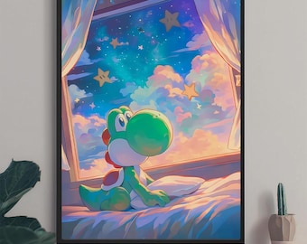Yoshi in Bed Art Print: Kids Room Video Game Decor (Digital Download)