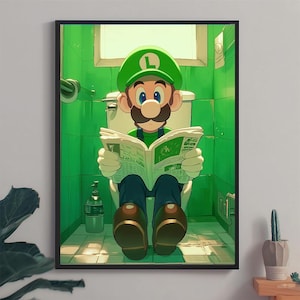 May include: A framed print featuring a cartoon character in a green hat and overalls, reading a newspaper while seated on a toilet. The bathroom is painted in shades of green, with a window and a soap dispenser visible.