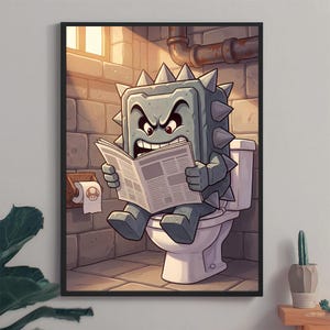 Thwomp Toilet Poster: Funny Mario Bros. Bathroom Art (Digital Download)