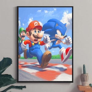 Mario Bros vs Sonic Digital Art – High-Speed Race Scene Print, Gaming Wall Decor