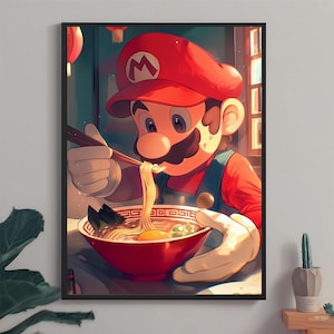Super Mario poster, Mario eating ramen, Mario in restaurant, Printable Wall Art, Gaming Wall Art, Japanese Home Decor, digital print